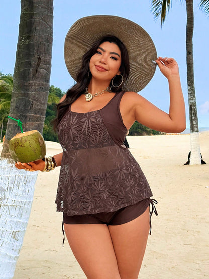 Swim Lushoire 2026 New Spring/Summer Plus Size 2pcs Set Lace Scoop Neck Adjustable Strap Casual Women Bikini Swimwear Vacation