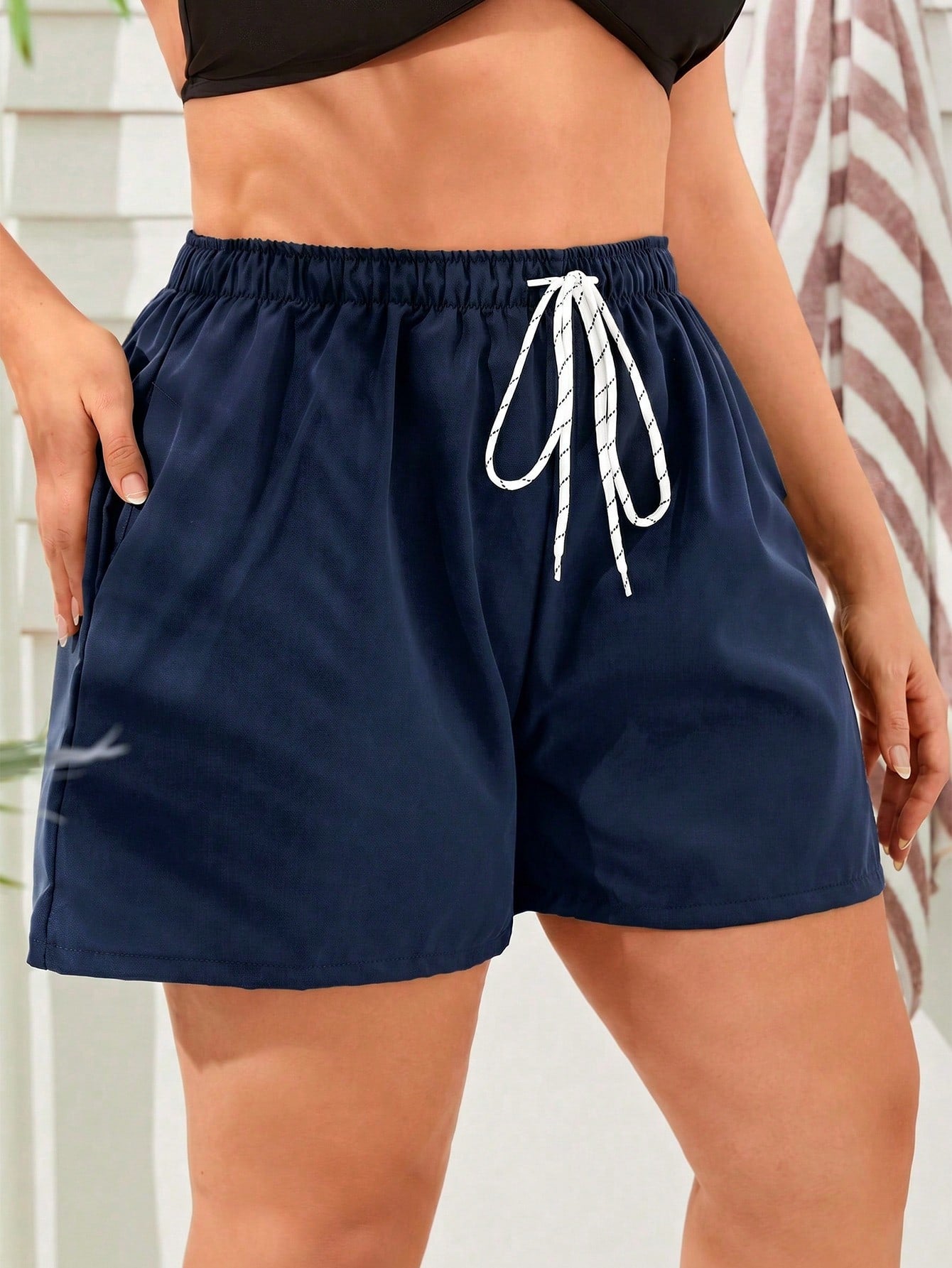 Swim Lushoire 2026 New Summer Plus Size Women Drawstring Waist Swim Shorts Holiday Pool Party Beach Navy Blue Casual