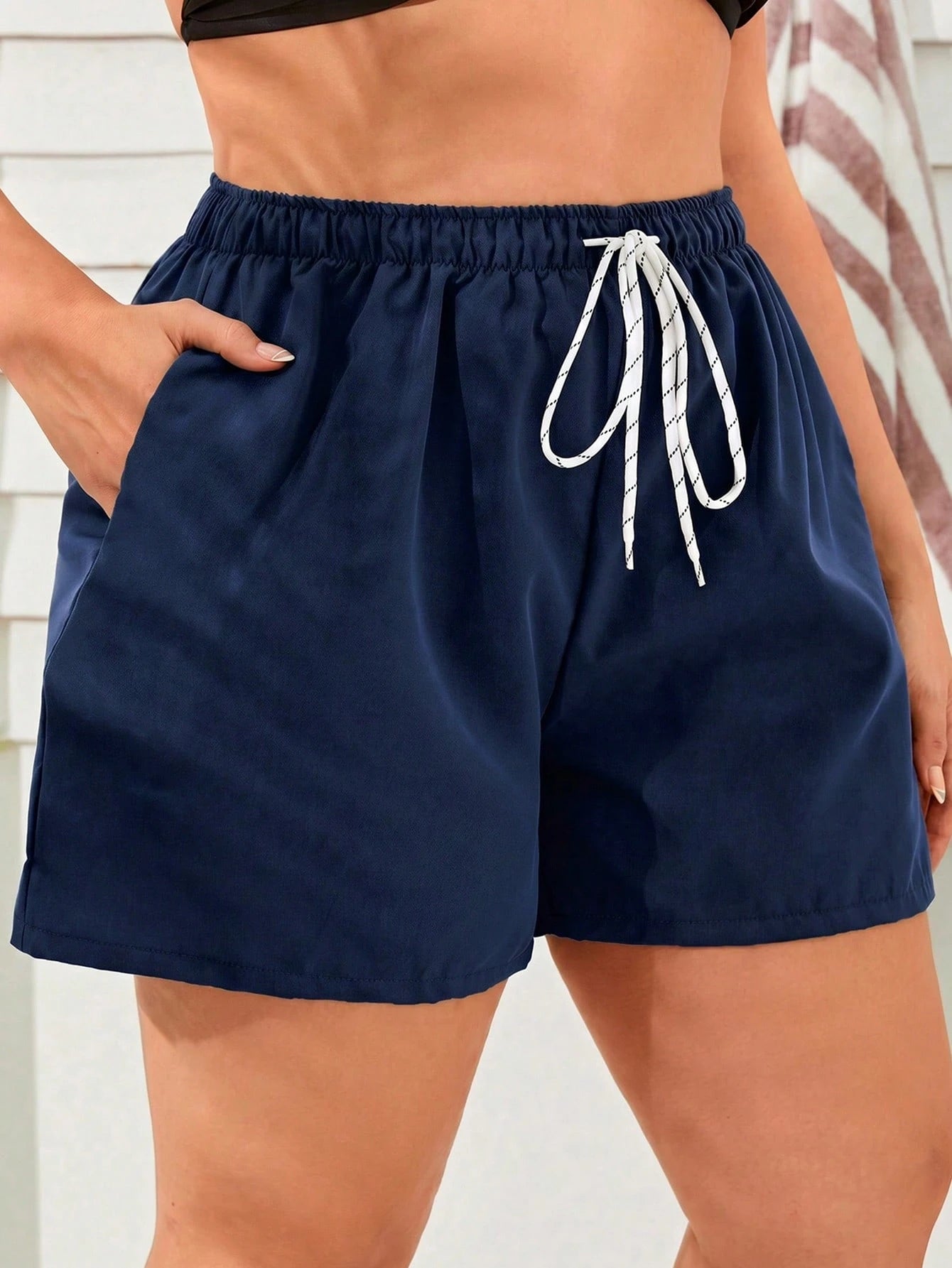 Swim Lushoire 2026 New Summer Plus Size Women Drawstring Waist Swim Shorts Holiday Pool Party Beach Navy Blue Casual