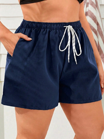 Swim Lushoire 2026 New Summer Plus Size Women Drawstring Waist Swim Shorts Holiday Pool Party Beach Navy Blue Casual