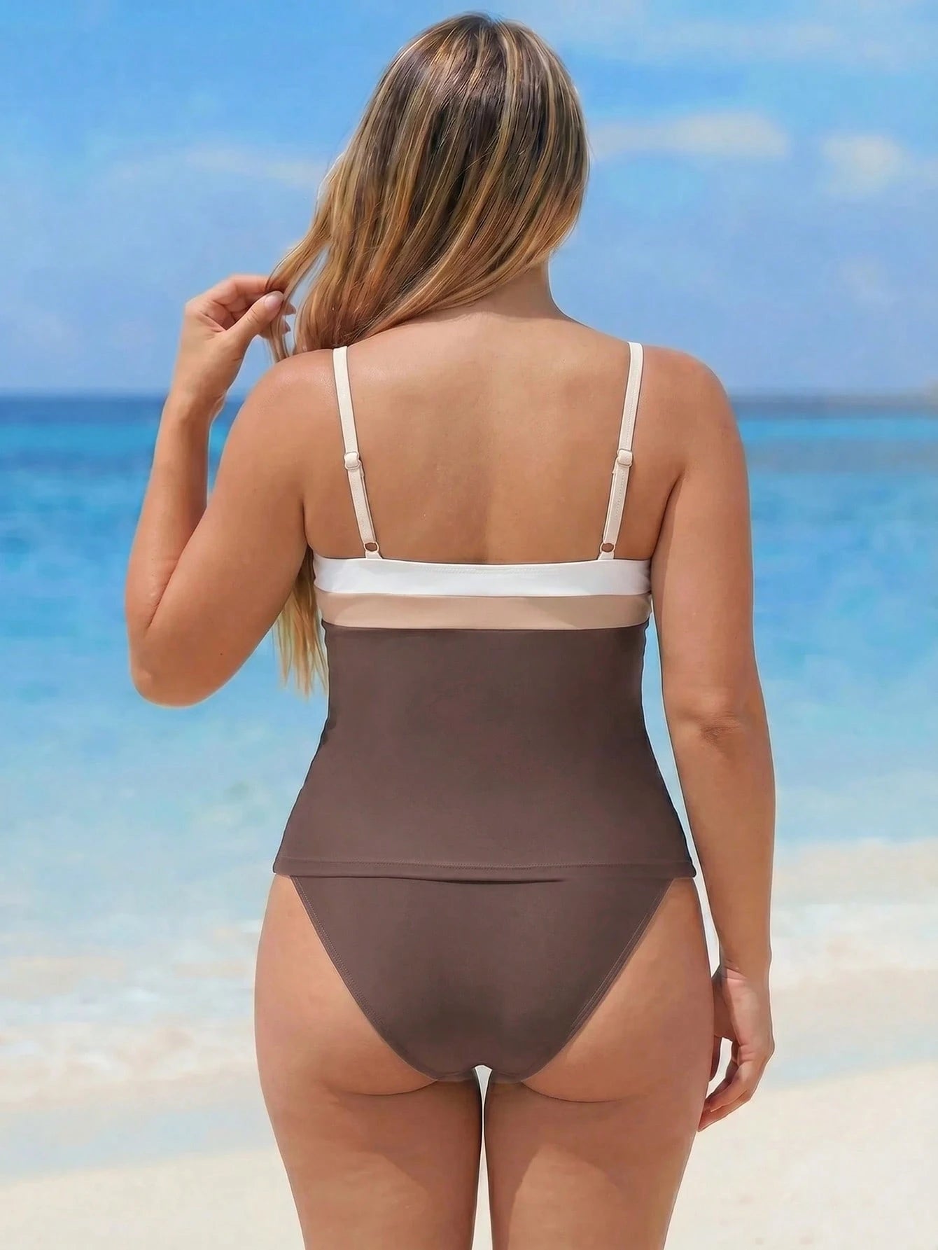 Swim Lushoire 2026 New Women's Plus Size Two Pieces Tank Bikini Swimsuit Set, Solid Coffee Color With Contrast Trim, Conservative Beach Party Vacation Swimwear