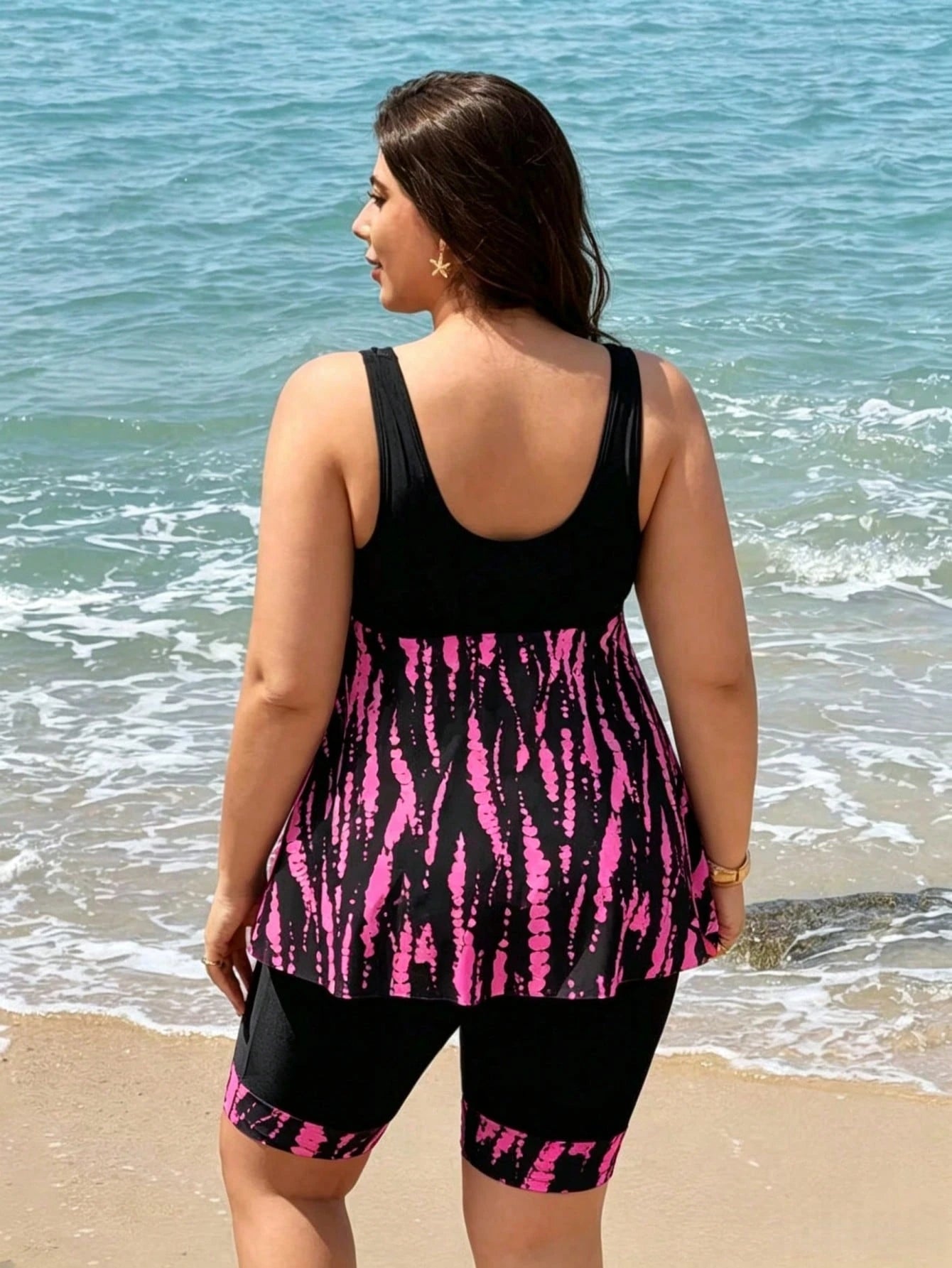 Swim Lushoire 2026 New Women's Plus Size Two Pieces Tankini Bikini Set With Tank Top And Conservative Skirt, Solid Black With Digital Print, Beach Party Vacation Swimsuit