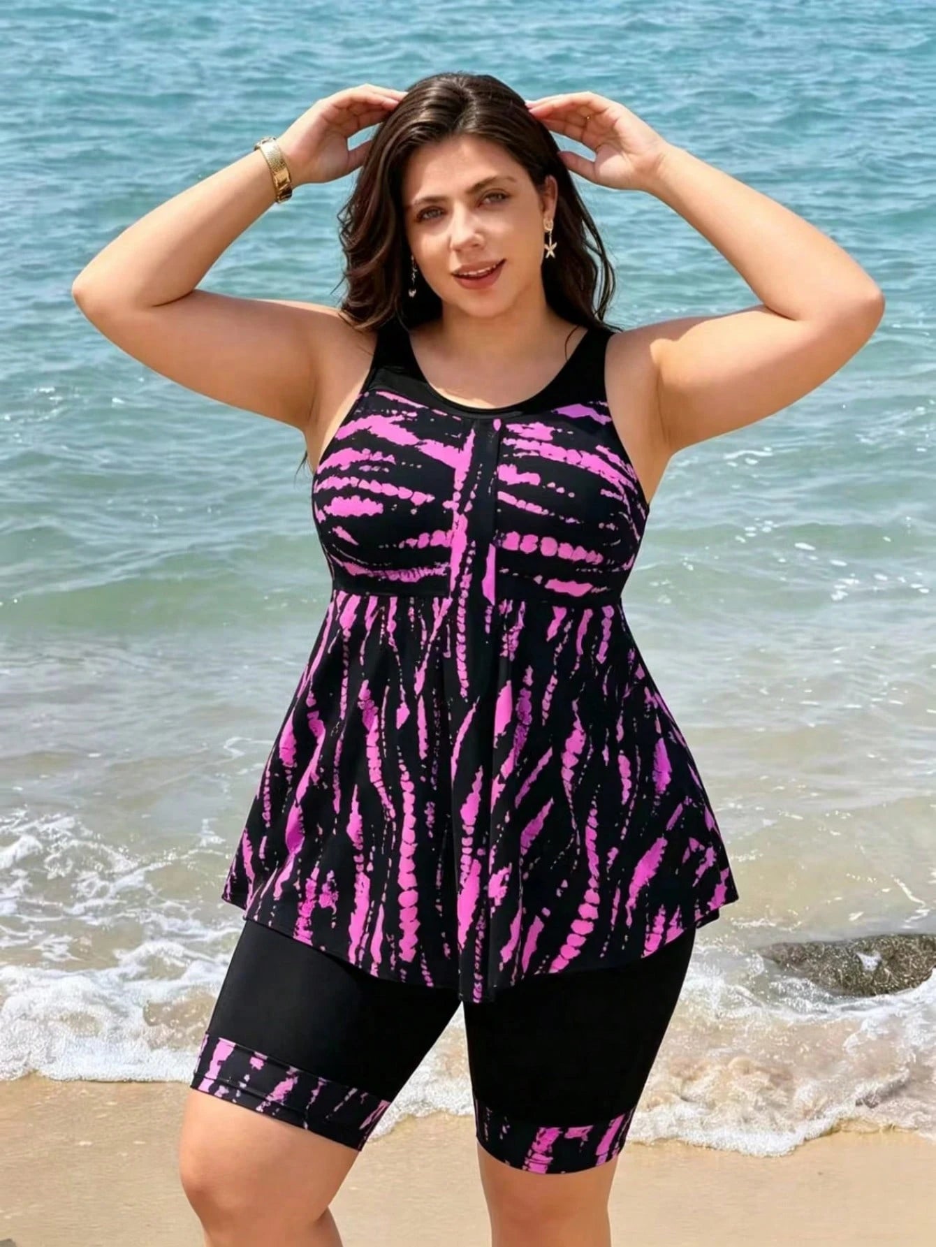 Swim Lushoire 2026 New Women's Plus Size Two Pieces Tankini Bikini Set With Tank Top And Conservative Skirt, Solid Black With Digital Print, Beach Party Vacation Swimsuit