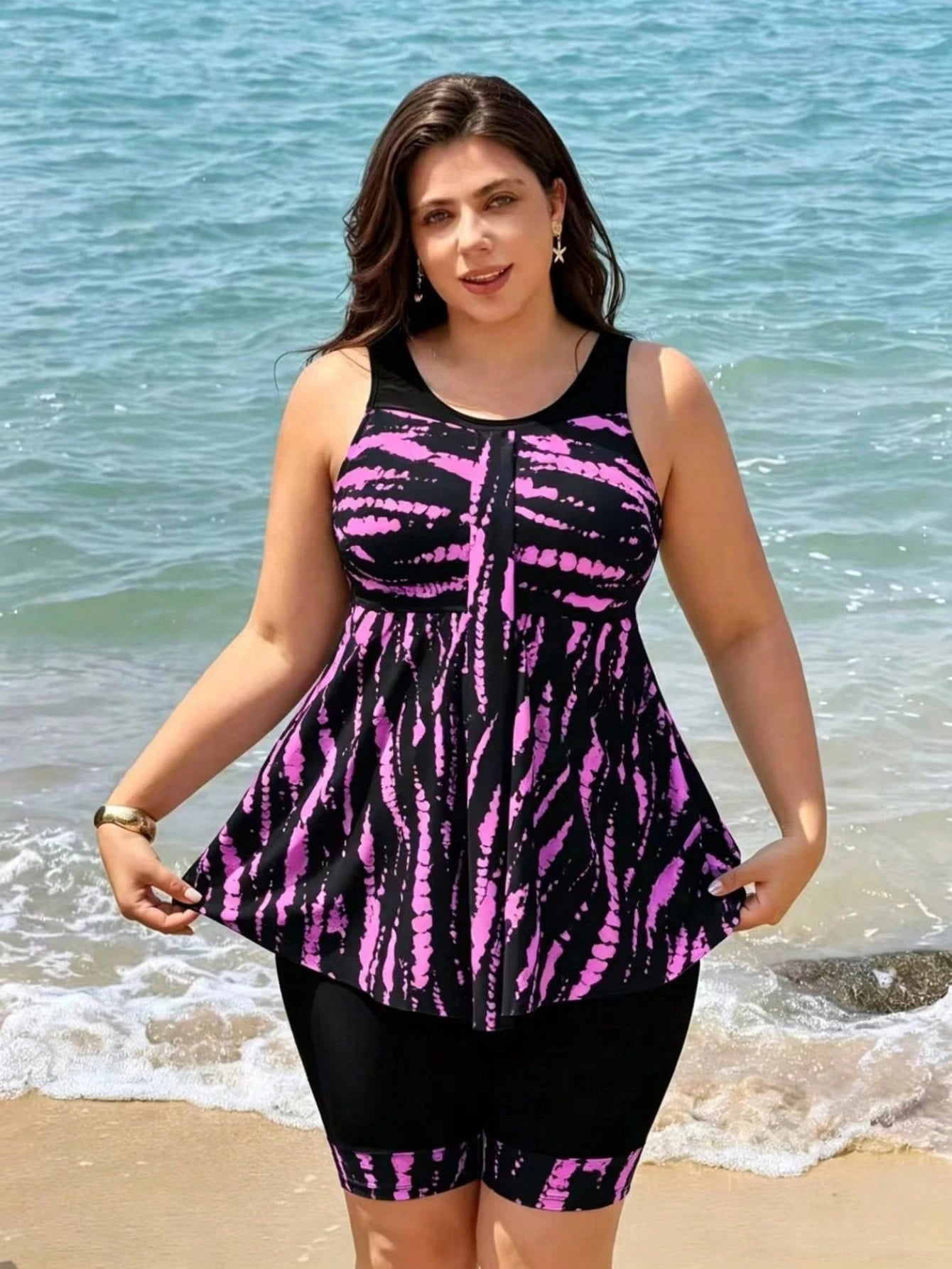 Swim Lushoire 2026 New Women's Plus Size Two Pieces Tankini Bikini Set With Tank Top And Conservative Skirt, Solid Black With Digital Print, Beach Party Vacation Swimsuit