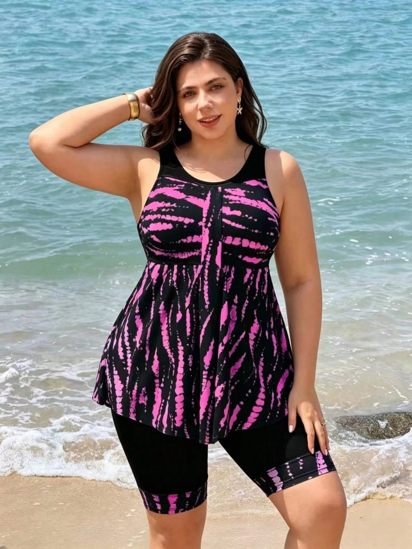 Swim Lushoire 2026 New Women's Plus Size Two Pieces Tankini Bikini Set With Tank Top And Conservative Skirt, Solid Black With Digital Print, Beach Party Vacation Swimsuit