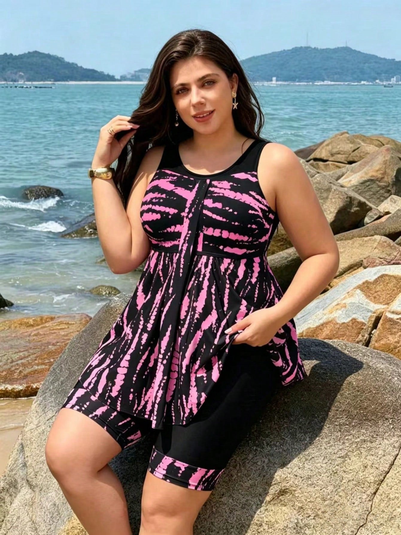 Swim Lushoire 2026 New Women's Plus Size Two Pieces Tankini Bikini Set With Tank Top And Conservative Skirt, Solid Black With Digital Print, Beach Party Vacation Swimsuit