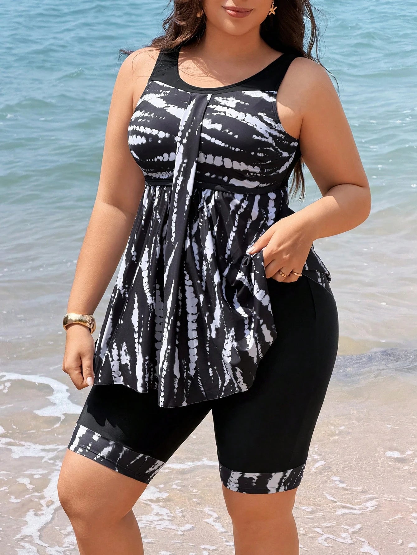 Swim Lushoire 2026 New Women's Plus Size Two Pieces Tankini Bikini Set With Tank Top And Conservative Skirt, Solid Black With Digital Print, Beach Party Vacation Swimsuit
