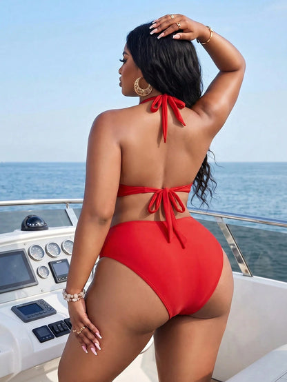 Swim Lushoire 2026 Summer Beach Vacation Plus Size Women's Holiday, Beachwear Halter Tie Solid Color Metal Decor Bikini Top, Suitable For Summer Beach Vacation