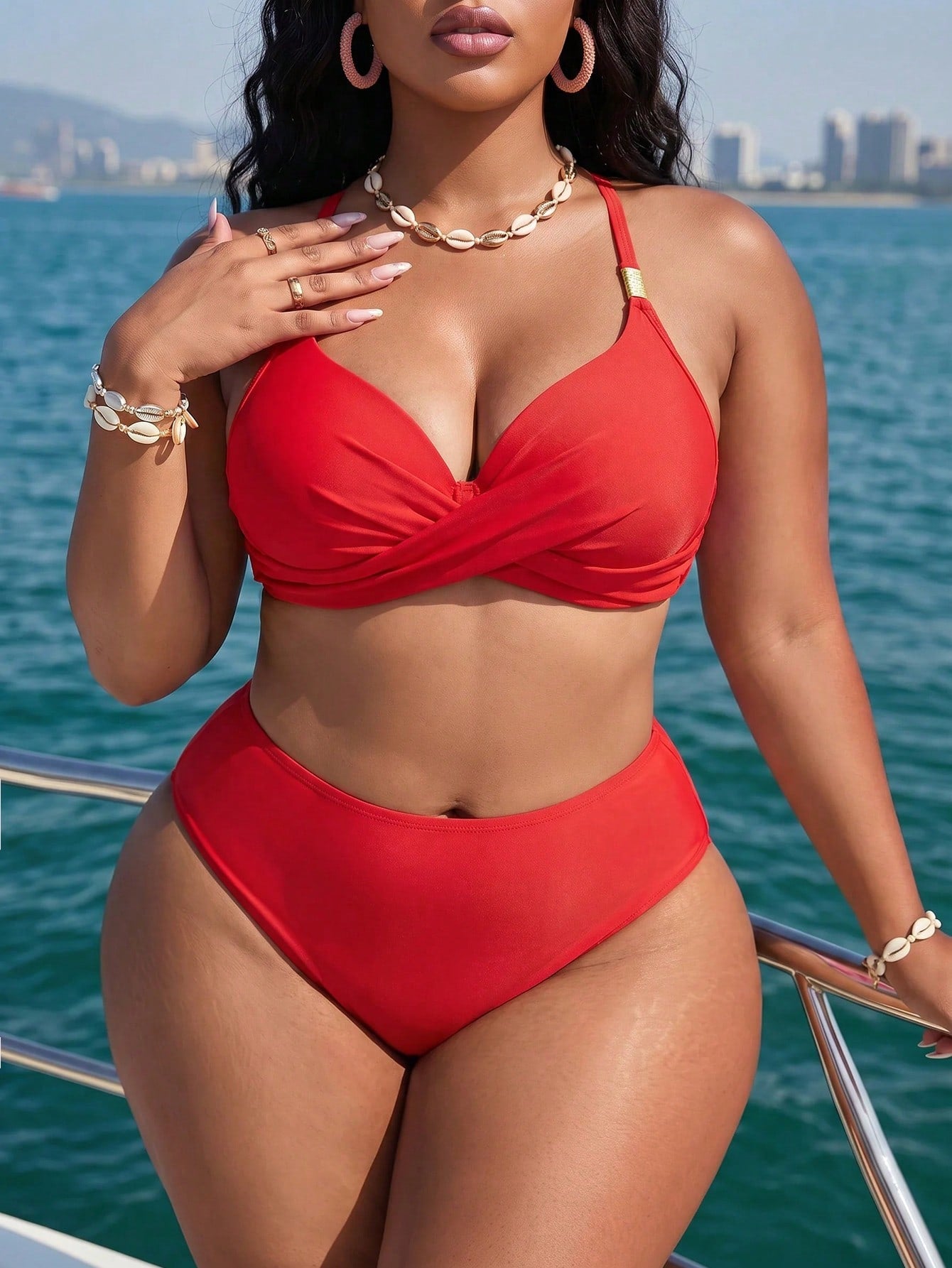 Swim Lushoire 2026 Summer Beach Vacation Plus Size Women's Holiday, Beachwear Halter Tie Solid Color Metal Decor Bikini Top, Suitable For Summer Beach Vacation