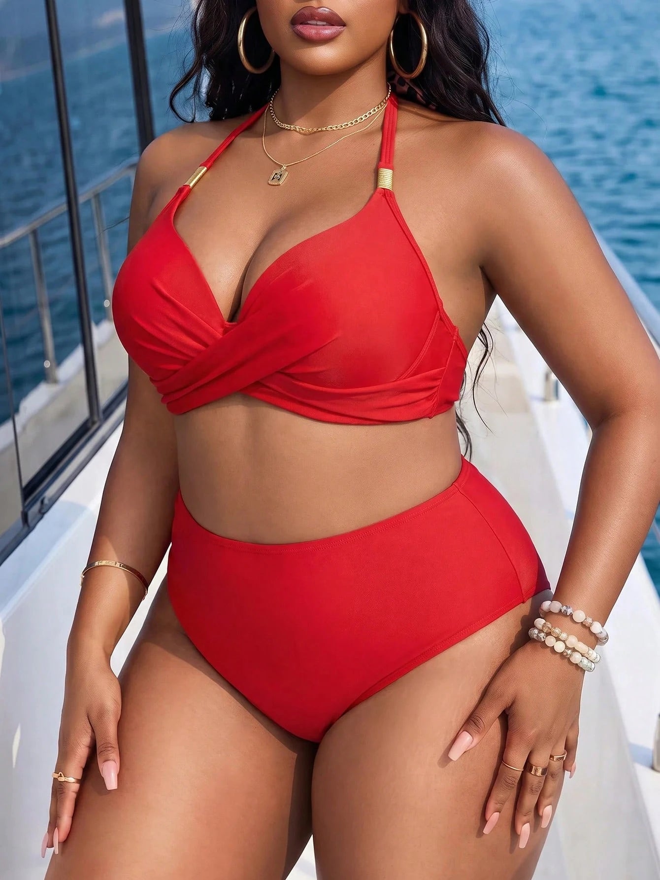 Swim Lushoire 2026 Summer Beach Vacation Plus Size Women's Holiday, Beachwear Halter Tie Solid Color Metal Decor Bikini Top, Suitable For Summer Beach Vacation
