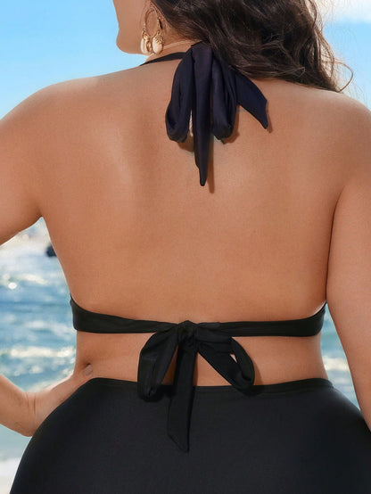 Swim Lushoire 2026 Summer Beach Vacation Plus Size Women's Holiday, Beachwear Halter Tie Solid Color Metal Decor Bikini Top, Suitable For Summer Beach Vacation