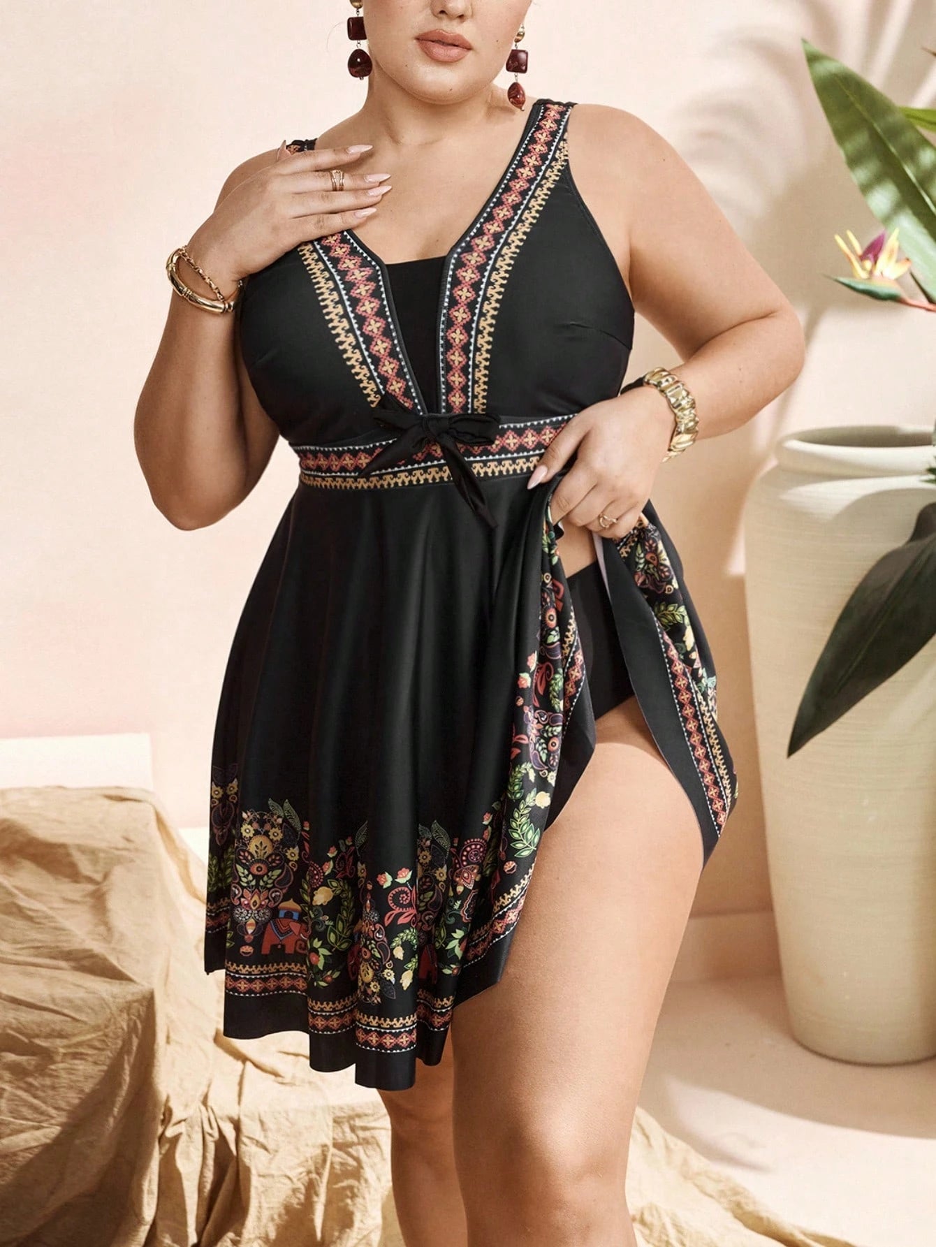 Swim Lushoire Elegant Black Plus Size Swimdress 2-Piece Set With Swimshorts,Bohemian Print Summer Beach Holiday Boho Vacation Swimsuit Cover Up Tankinis Women's