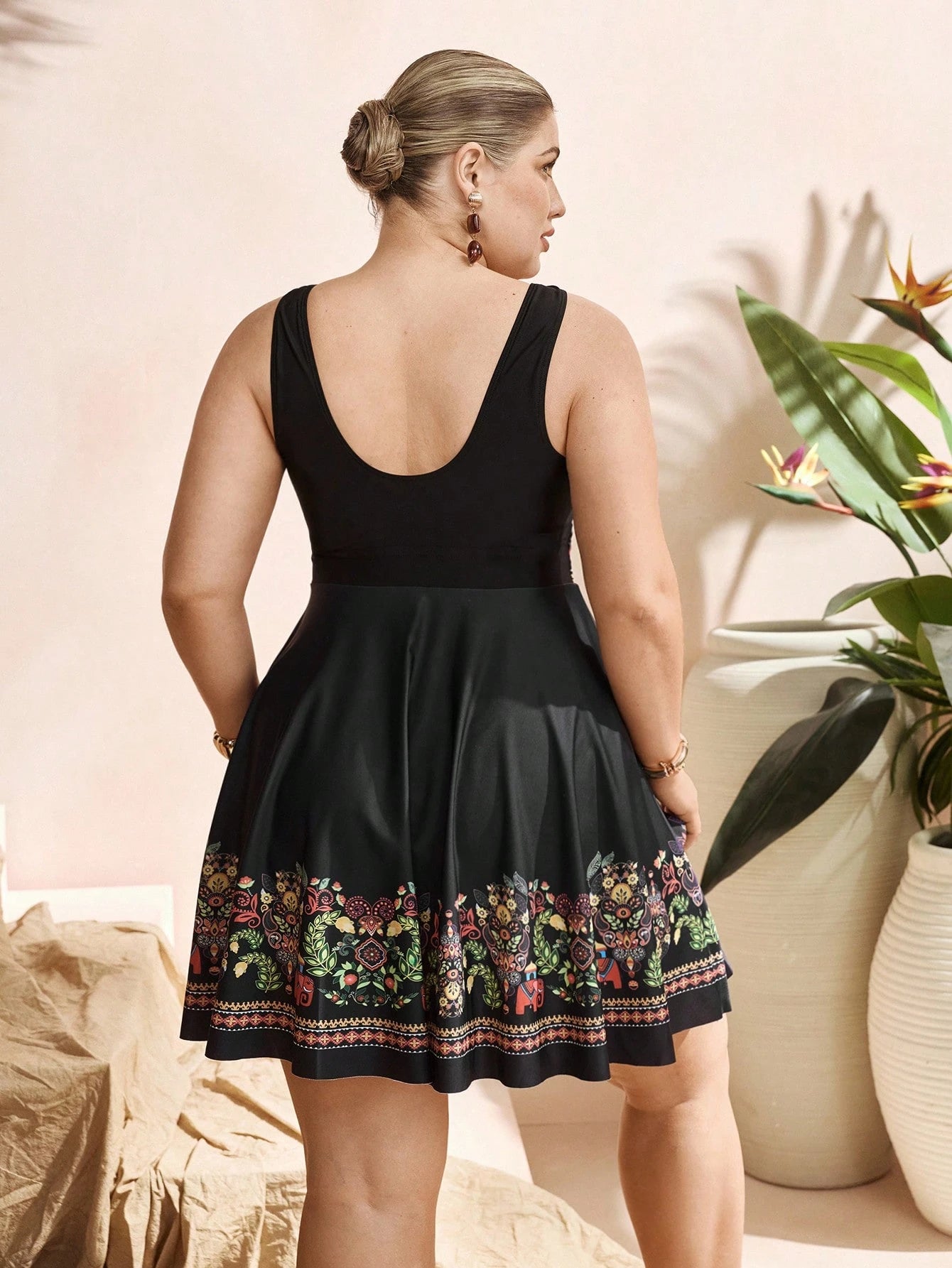 Swim Lushoire Elegant Black Plus Size Swimdress 2-Piece Set With Swimshorts,Bohemian Print Summer Beach Holiday Boho Vacation Swimsuit Cover Up Tankinis Women's