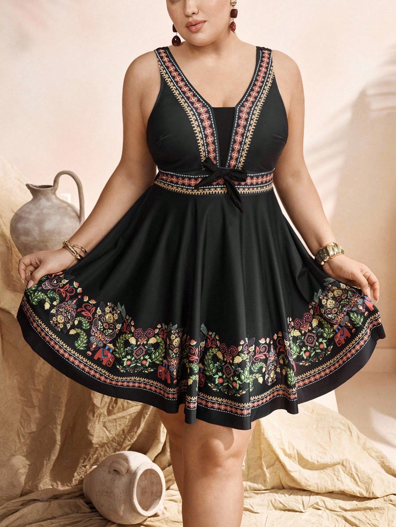 Swim Lushoire Elegant Black Plus Size Swimdress 2-Piece Set With Swimshorts,Bohemian Print Summer Beach Holiday Boho Vacation Swimsuit Cover Up Tankinis Women's