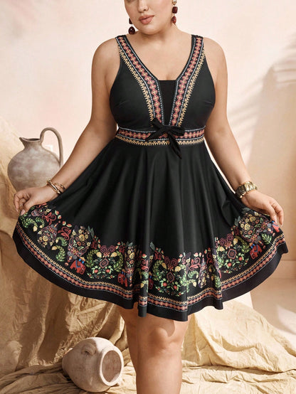 Swim Lushoire Elegant Black Plus Size Swimdress 2-Piece Set With Swimshorts,Bohemian Print Summer Beach Holiday Boho Vacation Swimsuit Cover Up Tankinis Women's