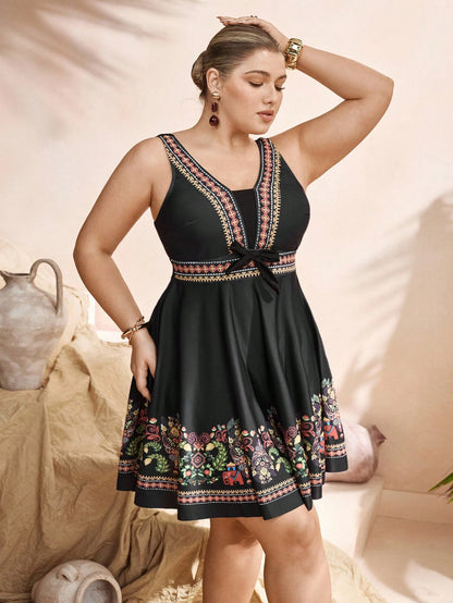 Swim Lushoire Elegant Black Plus Size Swimdress 2-Piece Set With Swimshorts,Bohemian Print Summer Beach Holiday Boho Vacation Swimsuit Cover Up Tankinis Women's