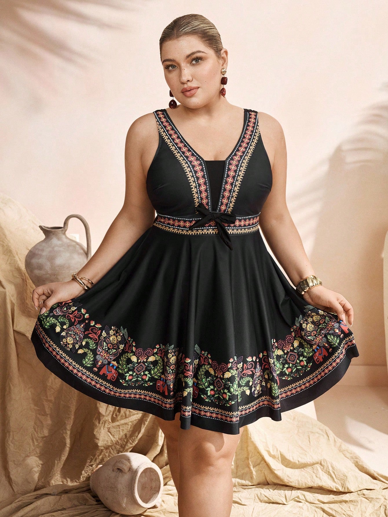 Swim Lushoire Elegant Black Plus Size Swimdress 2-Piece Set With Swimshorts,Bohemian Print Summer Beach Holiday Boho Vacation Swimsuit Cover Up Tankinis Women's