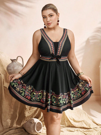 Swim Lushoire Elegant Black Plus Size Swimdress 2-Piece Set With Swimshorts,Bohemian Print Summer Beach Holiday Boho Vacation Swimsuit Cover Up Tankinis Women's