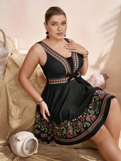 Swim Lushoire Elegant Black Plus Size Swimdress 2-Piece Set With Swimshorts,Bohemian Print Summer Beach Holiday Boho Vacation Swimsuit Cover Up Tankinis Women's
