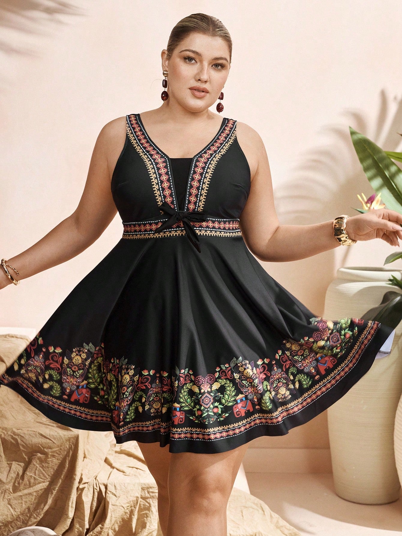 Swim Lushoire Elegant Black Plus Size Swimdress 2-Piece Set With Swimshorts,Bohemian Print Summer Beach Holiday Boho Vacation Swimsuit Cover Up Tankinis Women's