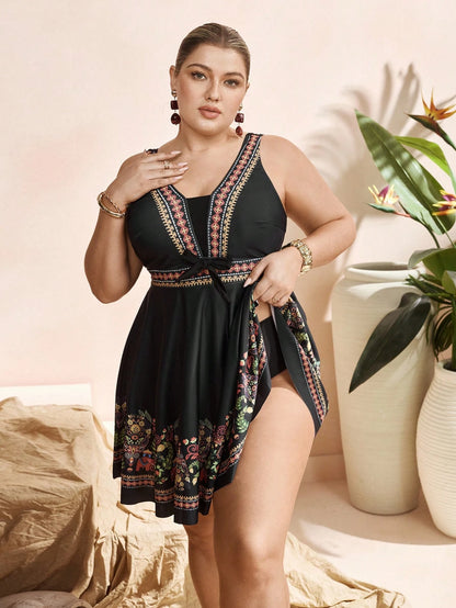 Swim Lushoire Elegant Black Plus Size Swimdress 2-Piece Set With Swimshorts,Bohemian Print Summer Beach Holiday Boho Vacation Swimsuit Cover Up Tankinis Women's