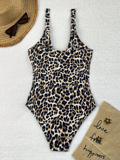 Swim Lushoire Newest Multi-Color Leopard Print Chest Tie Up Sexy Fitted One-Piece Bikini Swimsuit For Summer Beach Vacation