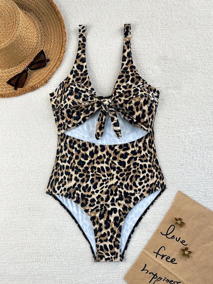 Swim Lushoire Newest Multi-Color Leopard Print Chest Tie Up Sexy Fitted One-Piece Bikini Swimsuit For Summer Beach Vacation