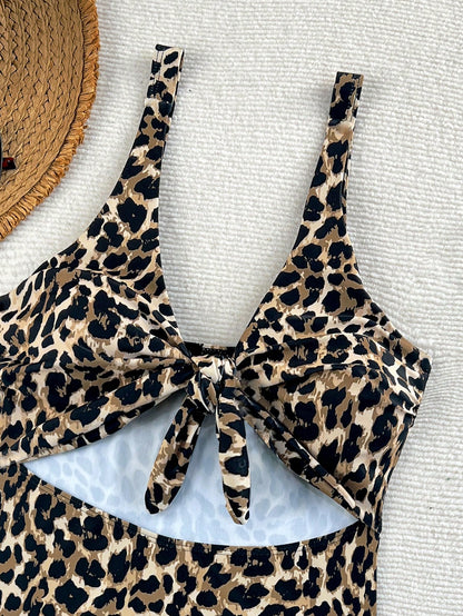 Swim Lushoire Newest Multi-Color Leopard Print Chest Tie Up Sexy Fitted One-Piece Bikini Swimsuit For Summer Beach Vacation