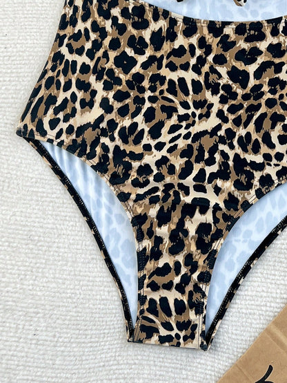 Swim Lushoire Newest Multi-Color Leopard Print Chest Tie Up Sexy Fitted One-Piece Bikini Swimsuit For Summer Beach Vacation