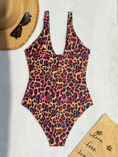 Swim Lushoire Newest Multi-Color Leopard Print Chest Tie Up Sexy Fitted One-Piece Bikini Swimsuit For Summer Beach Vacation