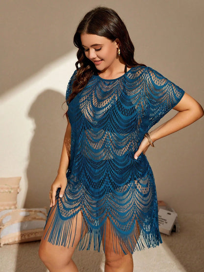 Swim Lushoire Plus Size Fringe Hem Hollow Out Cover Up Dress Summer