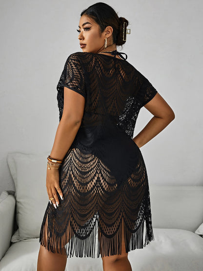 Swim Lushoire Plus Size Fringe Hem Hollow Out Cover Up Dress Summer