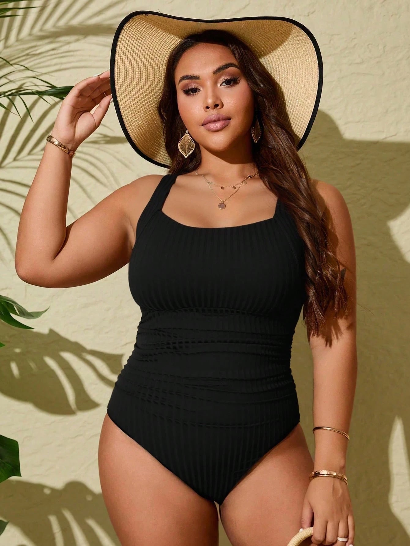 Swim Lushoire Plus Size One-Piece Black Ruched Scoop Neck Swimsuit, Wide Ribbed Fabric, Mature Style Suitable For Summer Vacation And Beach