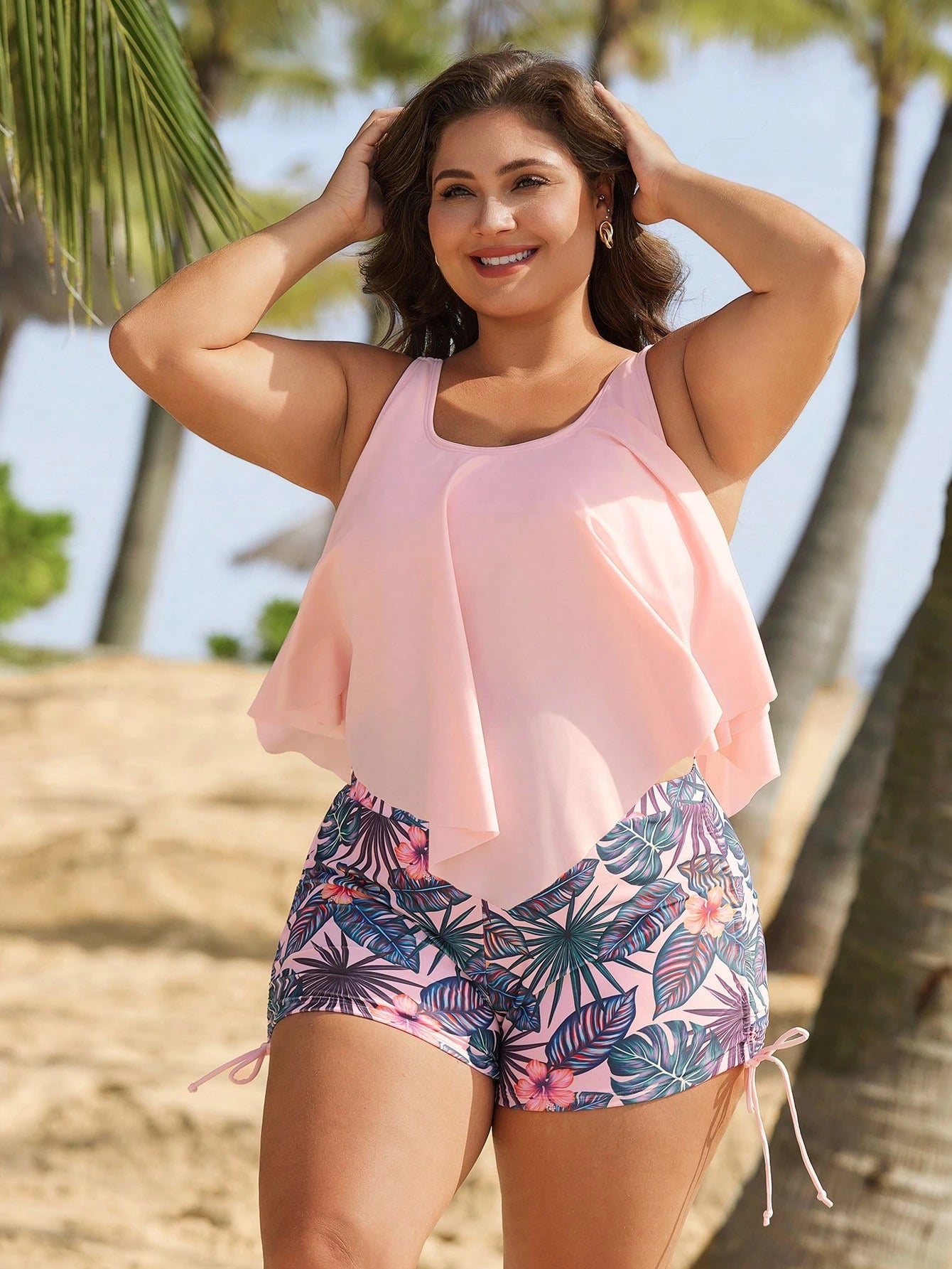 Swim Lushoire Plus Size Sleeveless Ruffle Trim Printed Two-Piece Swimwear Summer