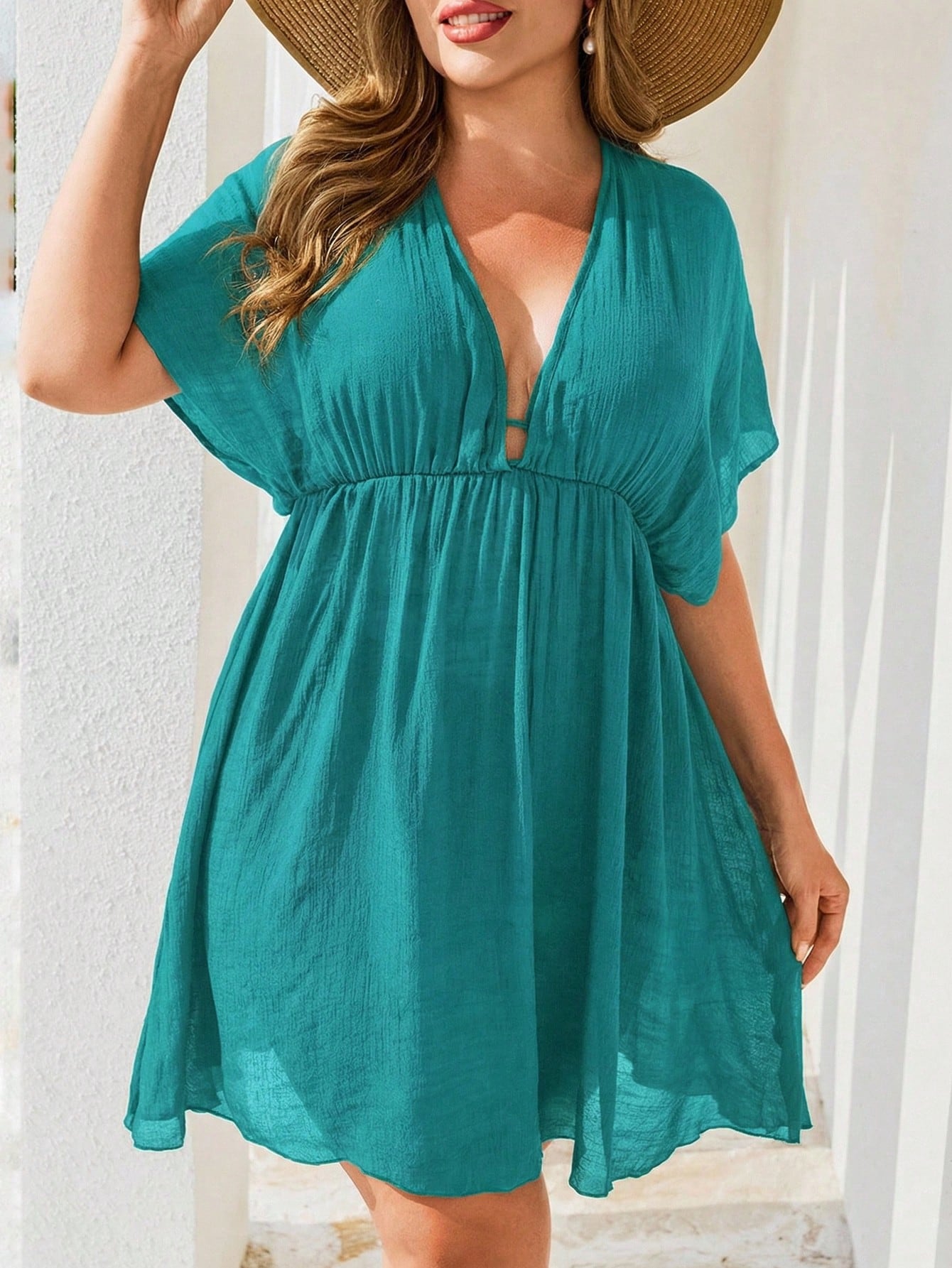 Swim Lushoire Plus Size Solid Color Beach Cover-Up, Basic Style For Summer