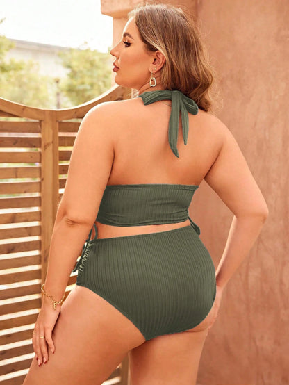 Swim Lushoire Plus Size Solid Color Drawstring Ruched Bikini Set And Bikini Set With Halter Summer Beach
