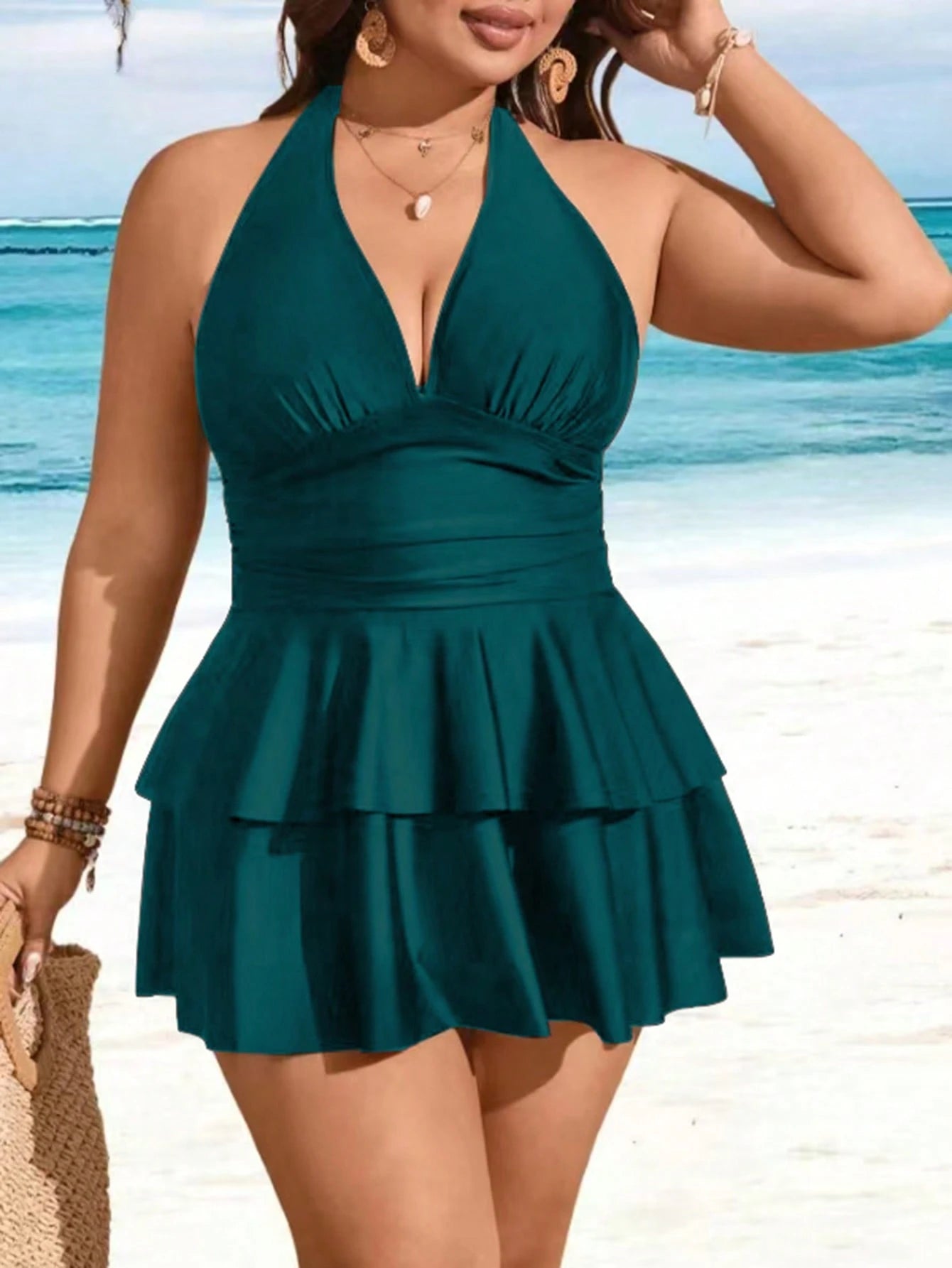 Swim Lushoire Plus Size Solid Color V-Neck Ruffle Multi-Layer Hem Swimwear Dress Two Pieces Set, Fashionable Resort Style For Women For Summer Beach Vacation