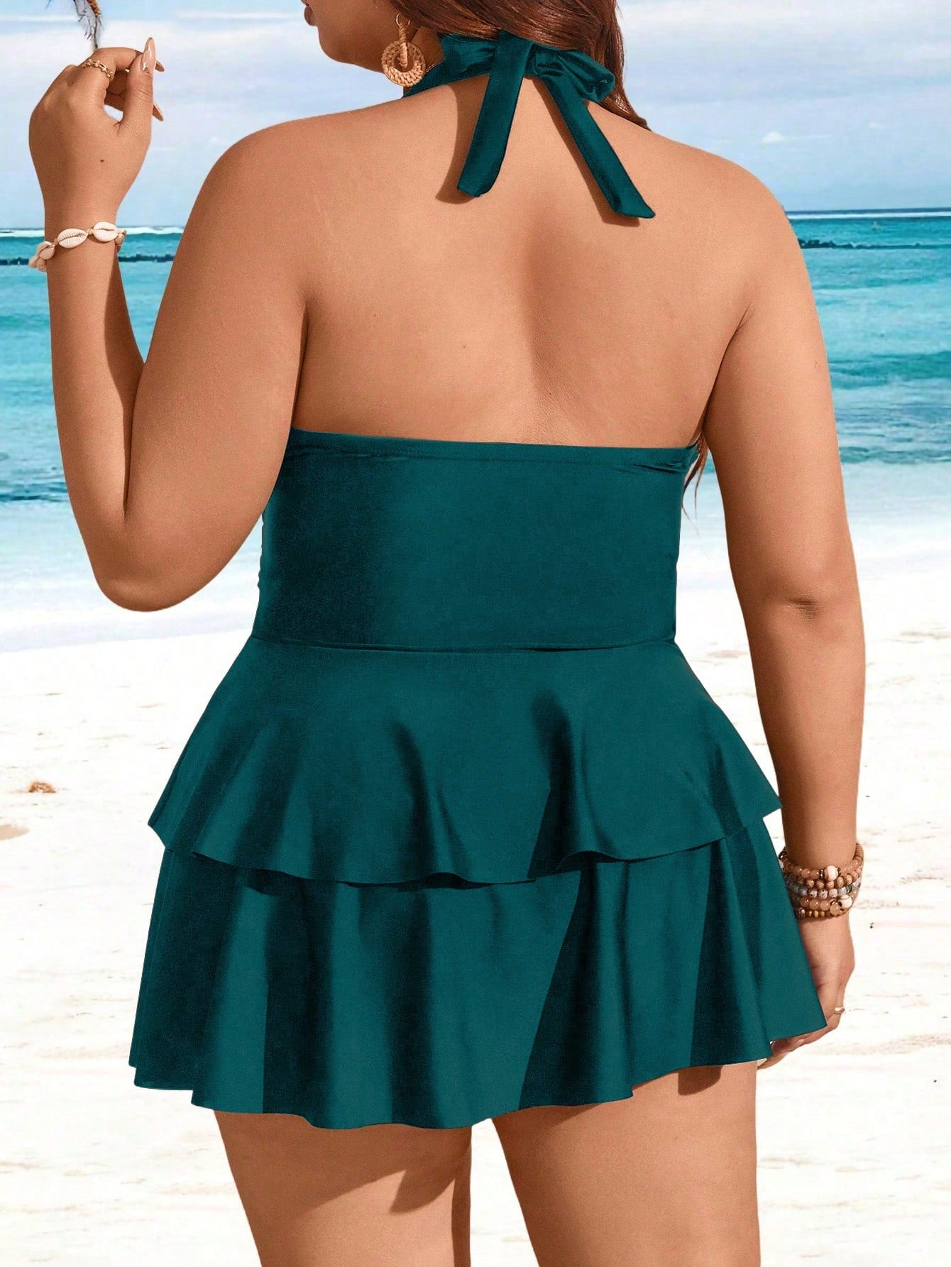Swim Lushoire Plus Size Solid Color V-Neck Ruffle Multi-Layer Hem Swimwear Dress Two Pieces Set, Fashionable Resort Style For Women For Summer Beach Vacation