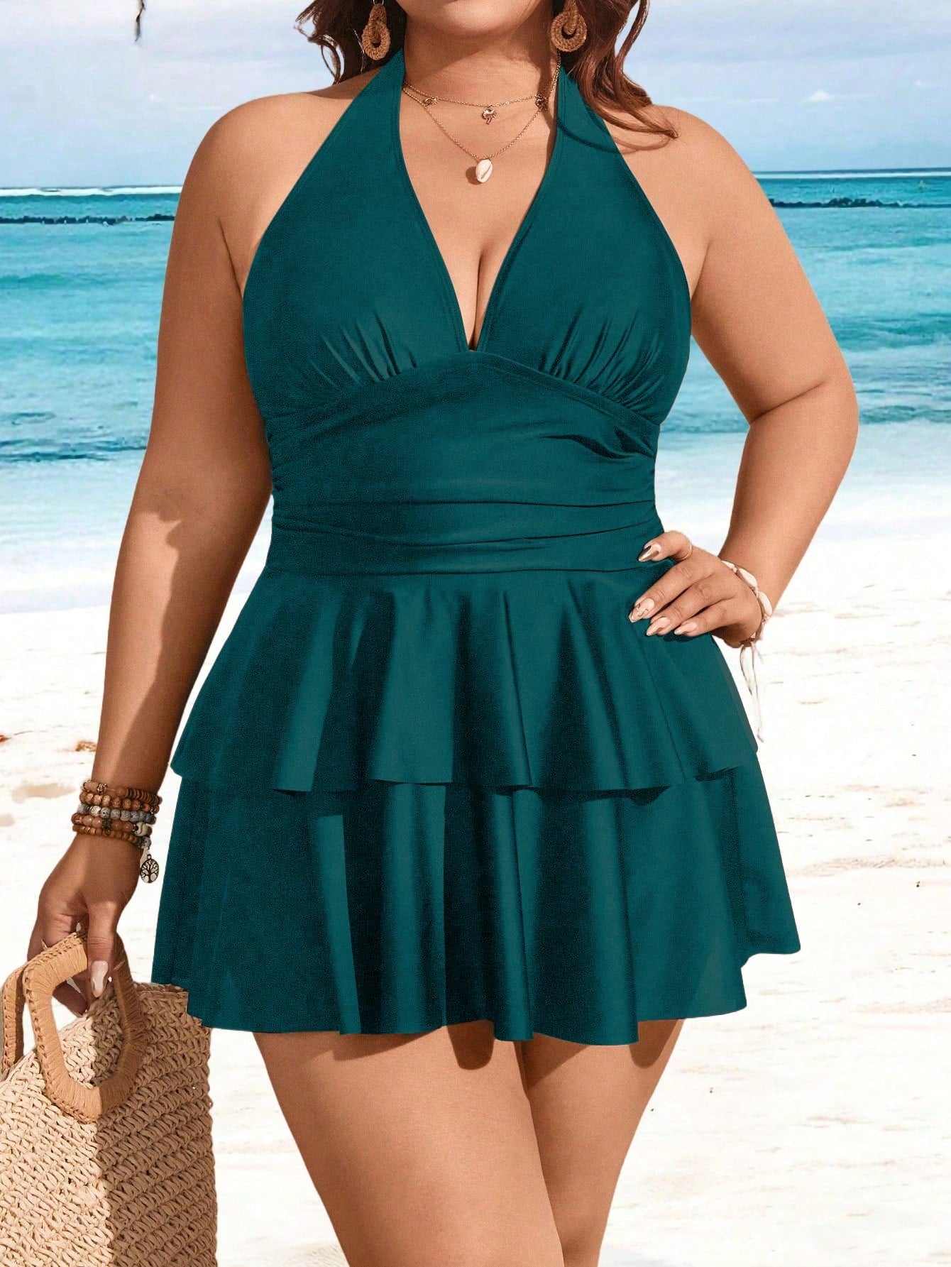 Swim Lushoire Plus Size Solid Color V-Neck Ruffle Multi-Layer Hem Swimwear Dress Two Pieces Set, Fashionable Resort Style For Women For Summer Beach Vacation