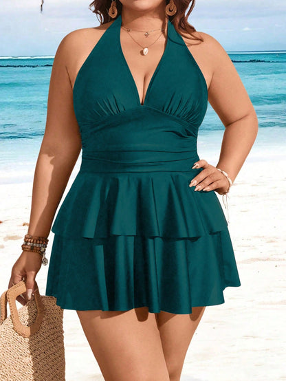 Swim Lushoire Plus Size Solid Color V-Neck Ruffle Multi-Layer Hem Swimwear Dress Two Pieces Set, Fashionable Resort Style For Women For Summer Beach Vacation
