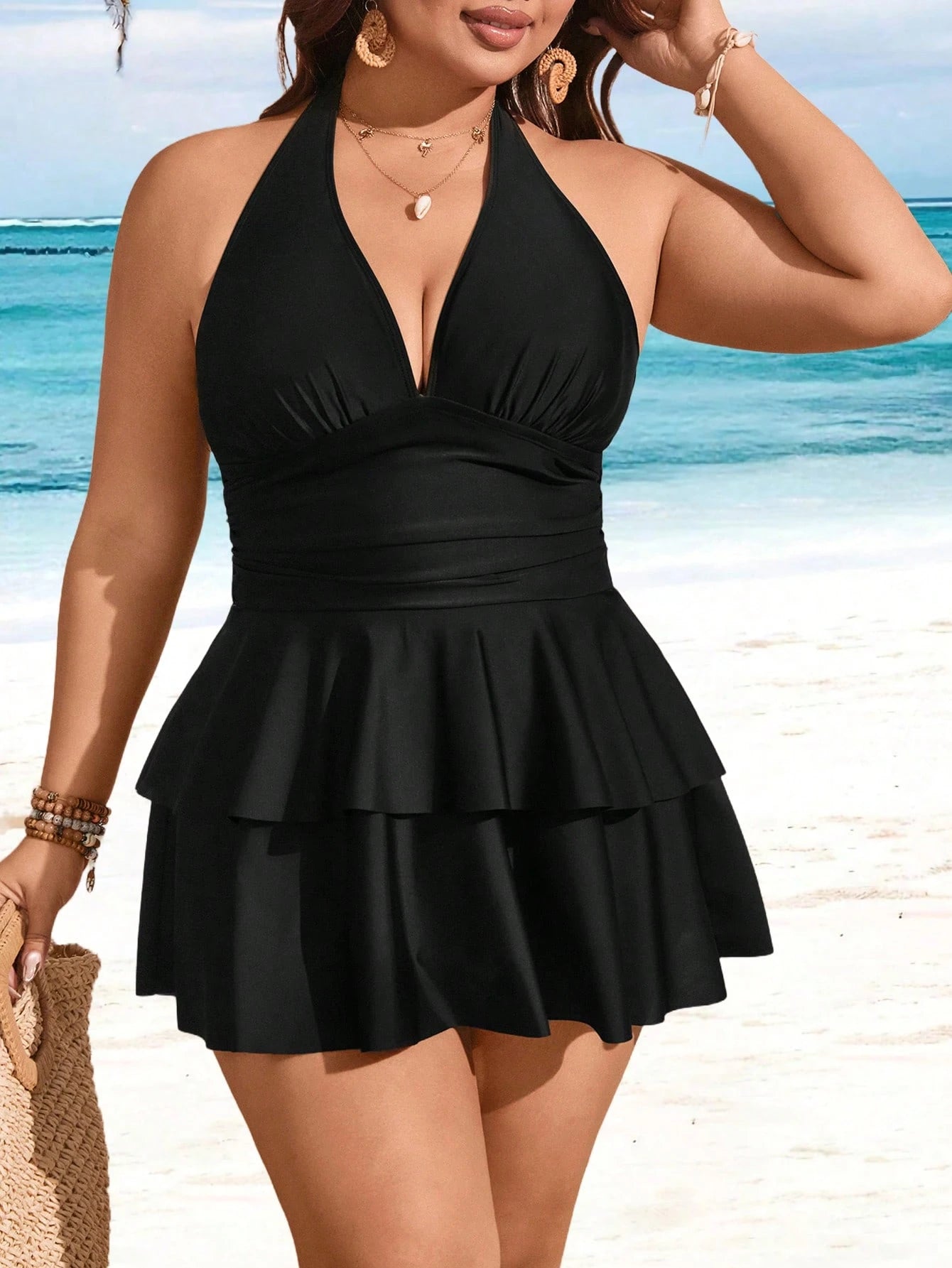 Swim Lushoire Plus Size Solid Color V-Neck Ruffle Multi-Layer Hem Swimwear Dress Two Pieces Set, Fashionable Resort Style For Women For Summer Beach Vacation