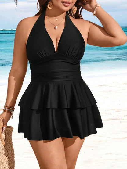 Swim Lushoire Plus Size Solid Color V-Neck Ruffle Multi-Layer Hem Swimwear Dress Two Pieces Set, Fashionable Resort Style For Women For Summer Beach Vacation