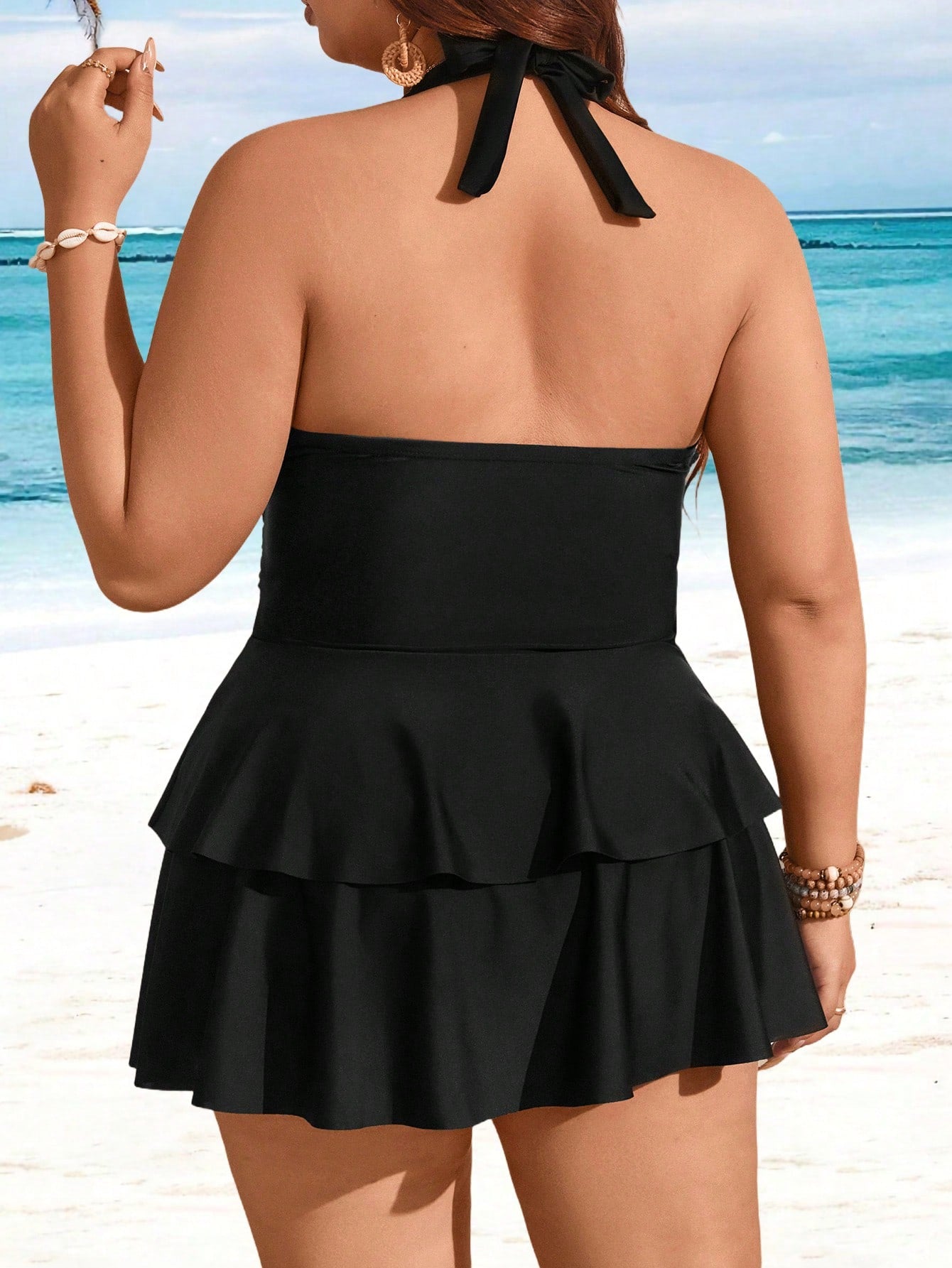 Swim Lushoire Plus Size Solid Color V-Neck Ruffle Multi-Layer Hem Swimwear Dress Two Pieces Set, Fashionable Resort Style For Women For Summer Beach Vacation