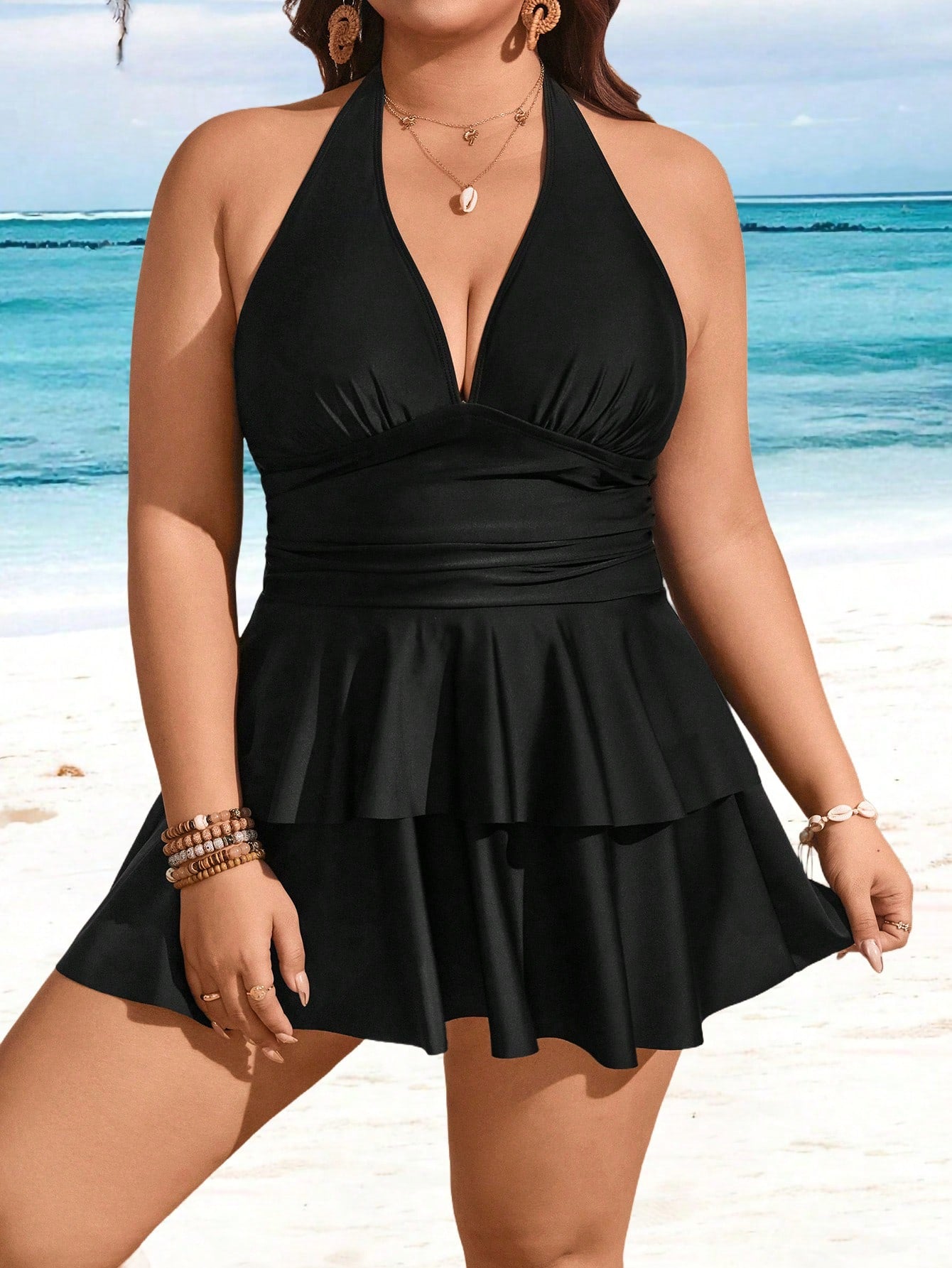 Swim Lushoire Plus Size Solid Color V-Neck Ruffle Multi-Layer Hem Swimwear Dress Two Pieces Set, Fashionable Resort Style For Women For Summer Beach Vacation