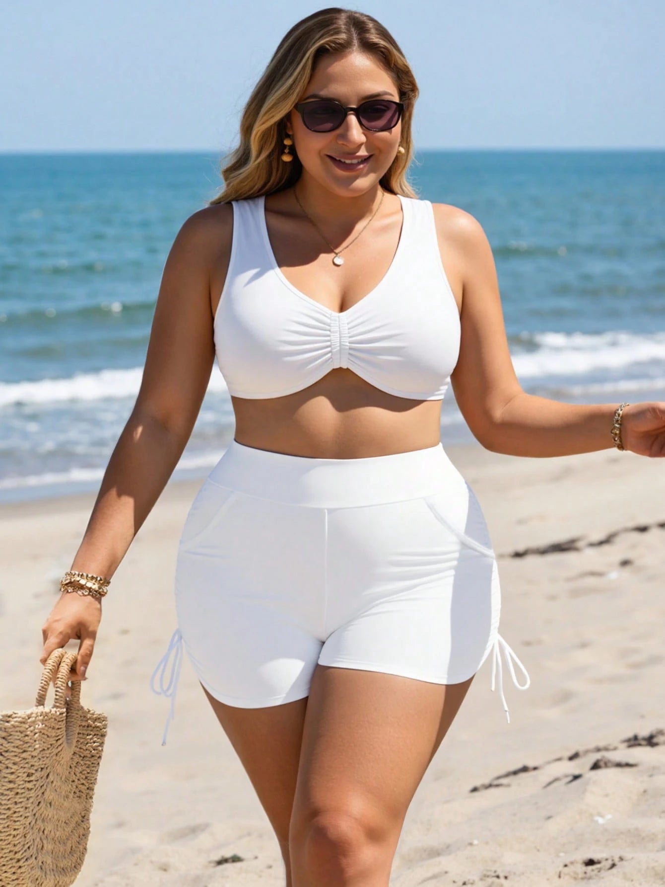 Swim Lushoire Plus Size Summer Beach Solid Color Drawstring Side Shorts Swimwear Bottom