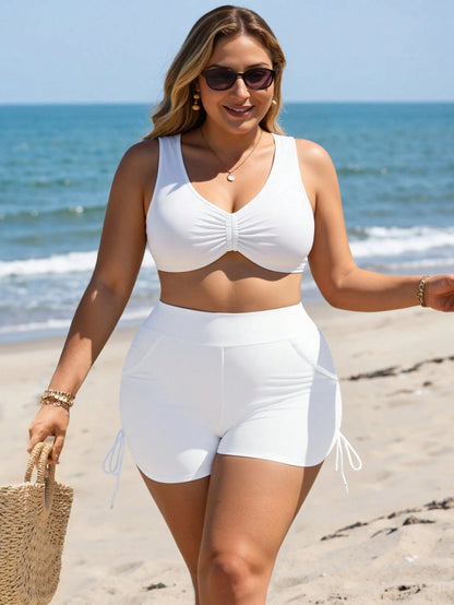 Swim Lushoire Plus Size Summer Beach Solid Color Drawstring Side Shorts Swimwear Bottom