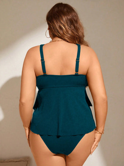 Swim Lushoire Plus Size Summer Beach Solid Layered Hem Tankini Set For Pool Vacation