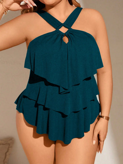 Swim Lushoire Plus Size Summer Beach Solid Layered Hem Tankini Set For Pool Vacation