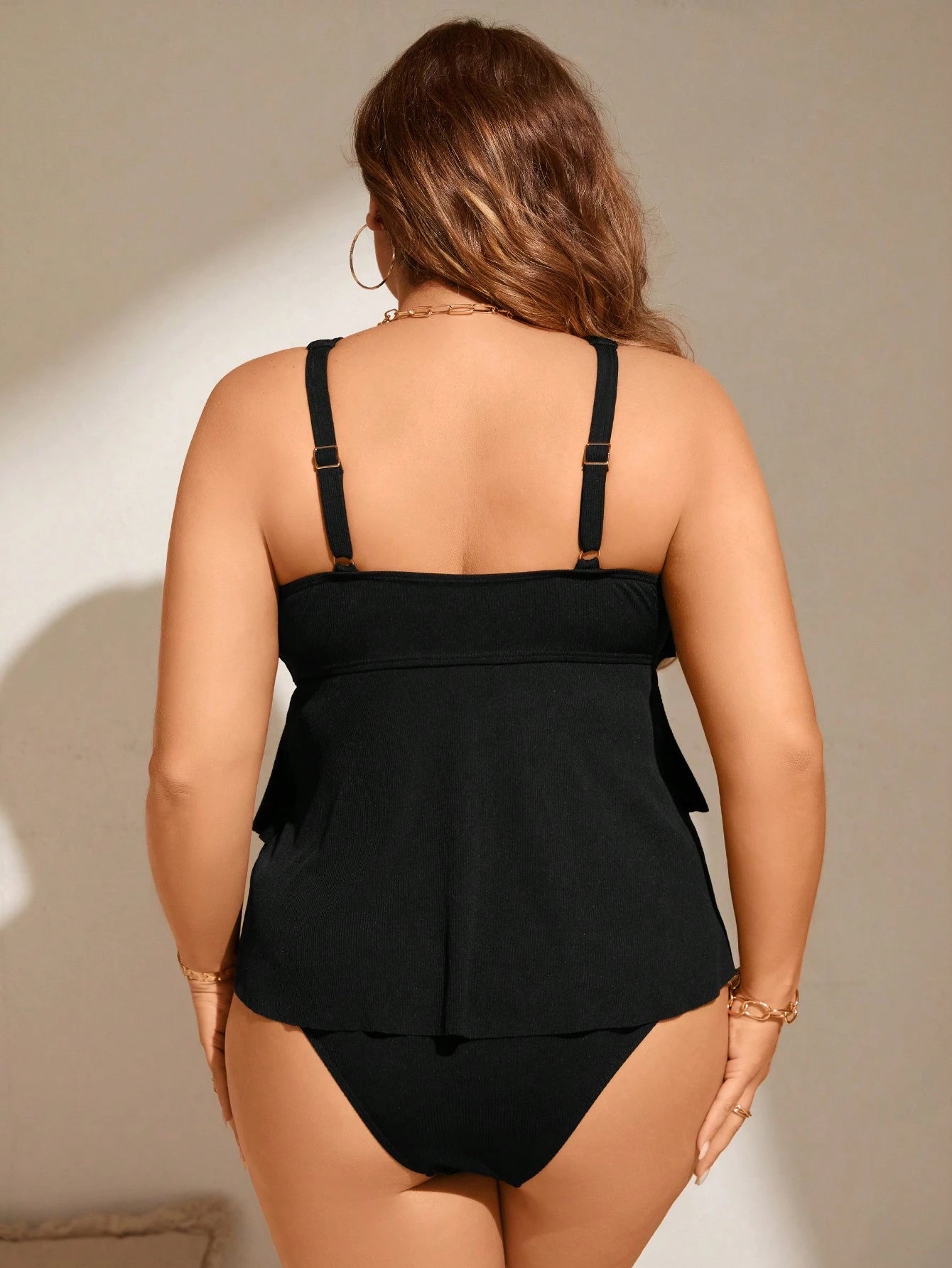 Swim Lushoire Plus Size Summer Beach Solid Layered Hem Tankini Set For Pool Vacation