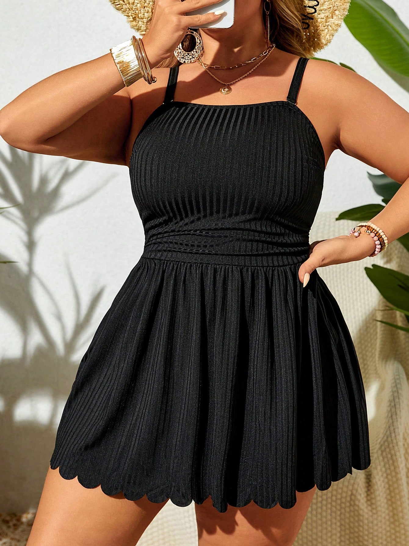 Swim Lushoire Plus Size Summer Solid Spaghetti Strap Swim Dress With Scallop Hem And Bikini Bottom, Suitable For Pool Wear,Summer Beach